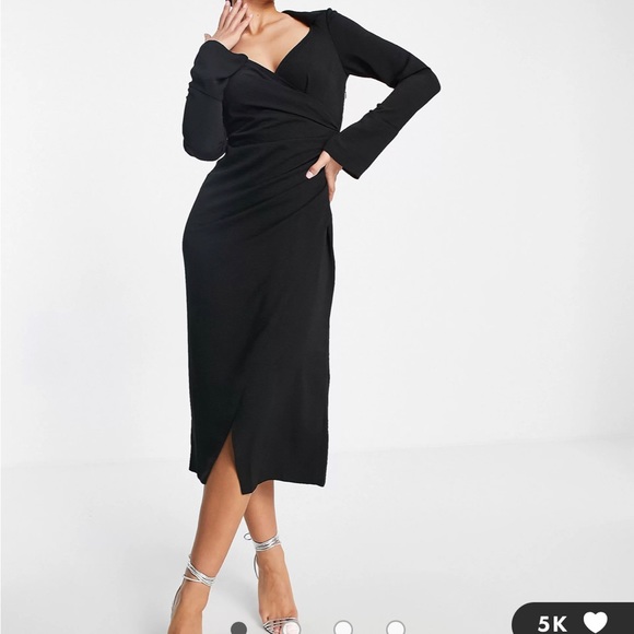 ASOS DESIGN 70s drape front wrap midi dress in black - Picture 1 of 3